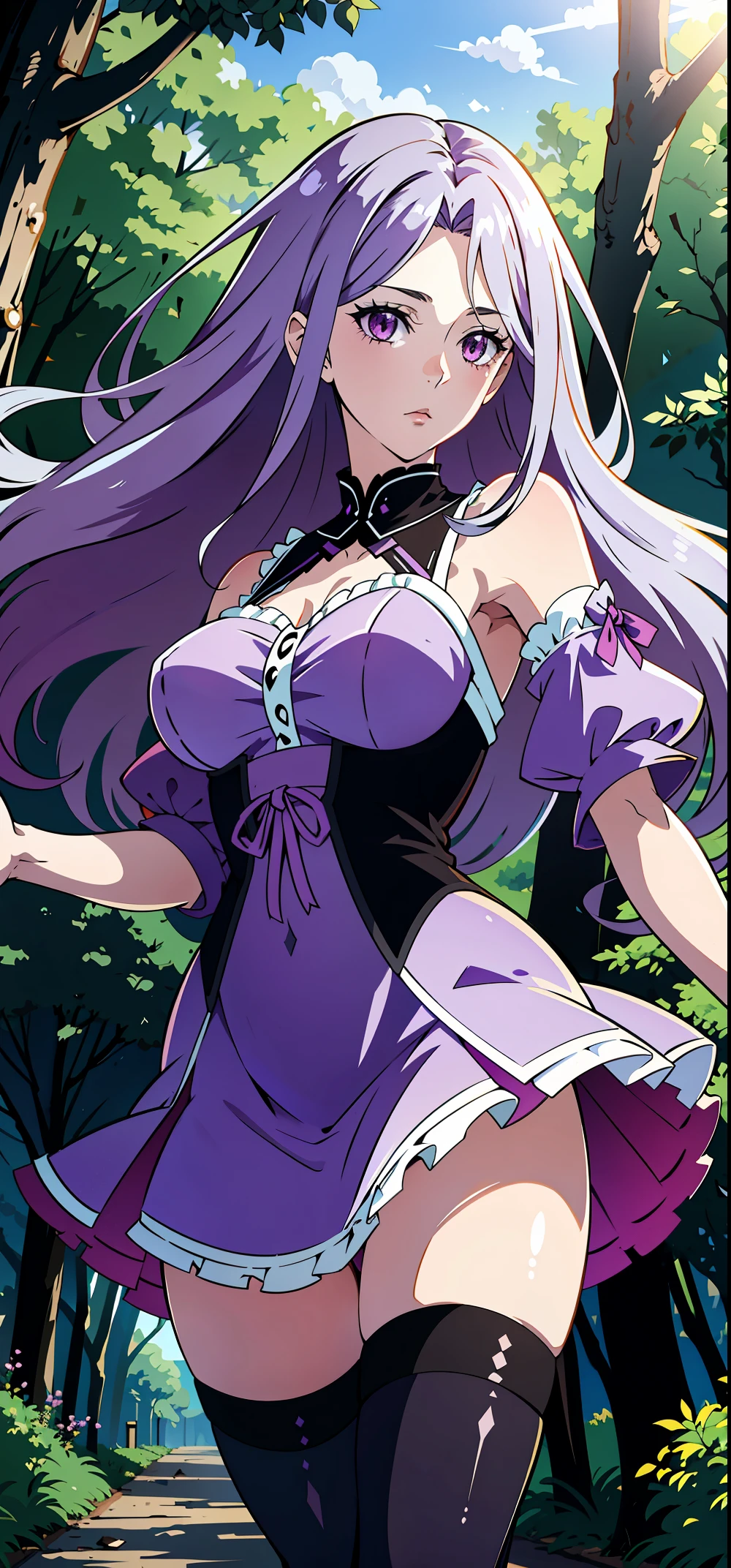 absurd res, hight resolution, (Masterpiece:1.4), Ultra-detailed, 1girl, tokime, woods, Floating, Stockings, violet eyes, purple hair, velvet dress, close - up