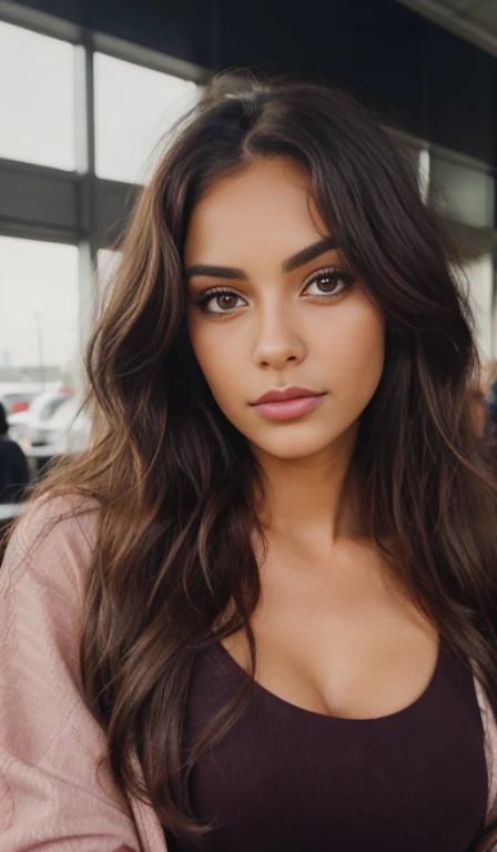 1 girl looking tired and sleepy, in distance, very pretty, 23 years old, tanned, long curly hair, pink hair, dark brown eyes, sharp eyebrows, lips, realistic, moody, wearing warm dress, drinking coffee, far away, large chest, in a busy airport, hyper realistic, detailed skin, realistic eyes,