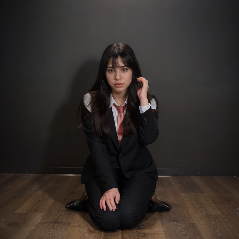 Full body photo of a pretty young 1girl, big cheeks, very long hair, black hair, side-swept bangs, side fring hair, Black Suit and a tie, pin heels, different model poses, crossed legs, Full body , best quality, realistic, 8k,