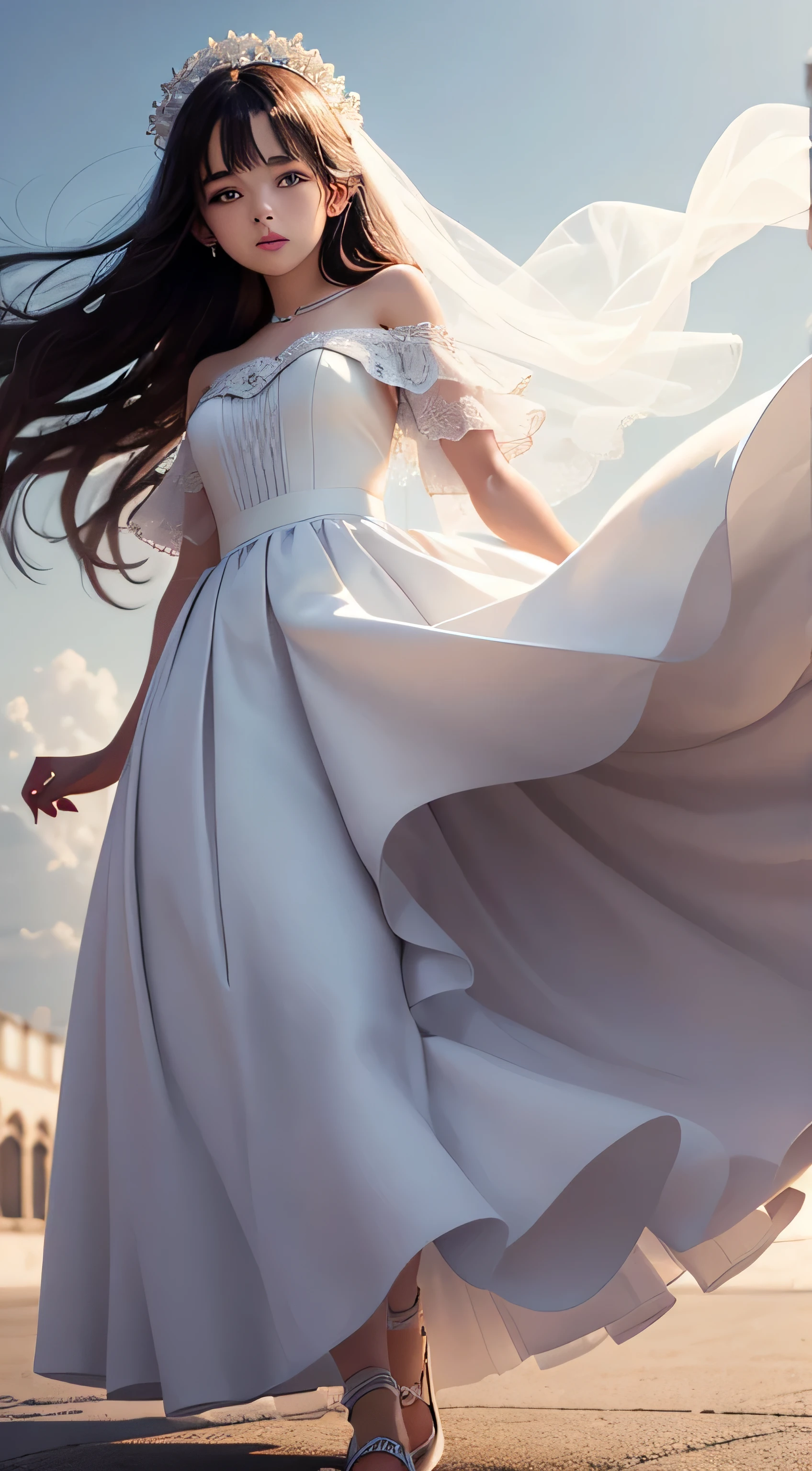 Teenage girl，soft long skirt，Long skirt fluttering in the wind，Wedding dress，A lot of detail
