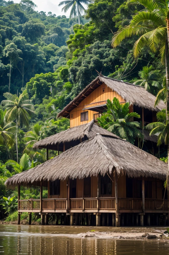 photo of a typical house from the Amazon region located on the riverbank, tropical forest, canon 5D Mark 4, 8k