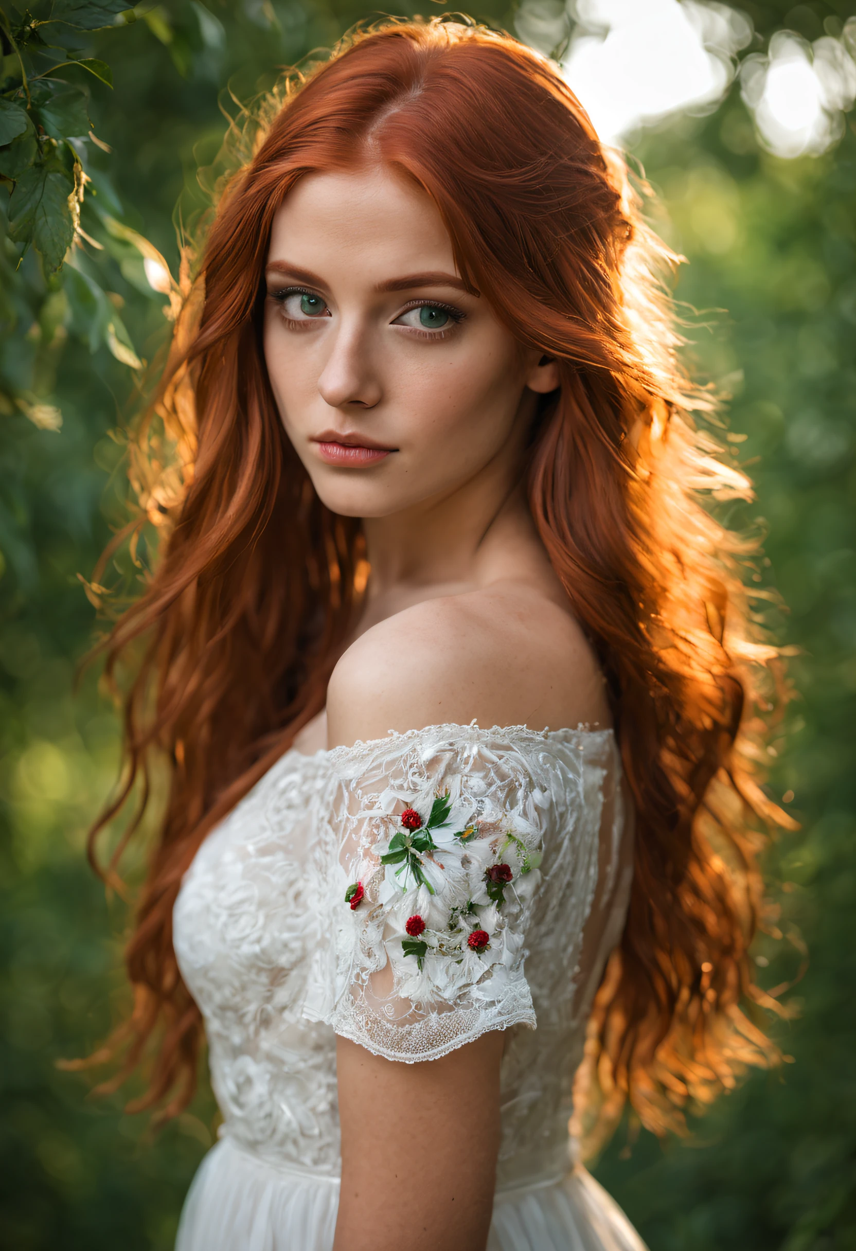 20 year old girl with long red hair, ojos verdes y adorables, vestido de gaza blanca, piel blanca, mejillas rojizas, rostro alargado y con rasgos definidos, es femenina, parece una diosa, la luz del sol ilumina su cabello, esta en un gran bosque