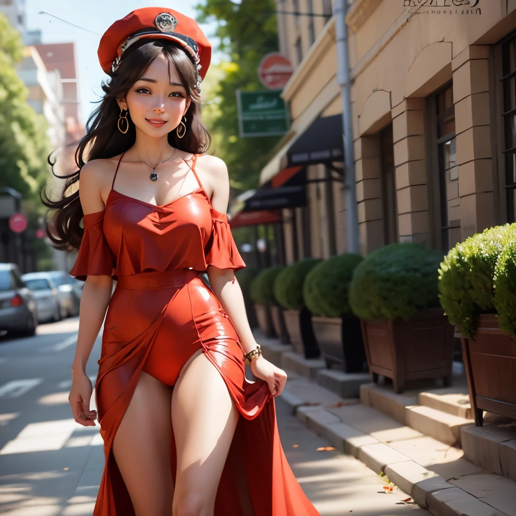 pretty woman in a red dress smiling --auto --s2