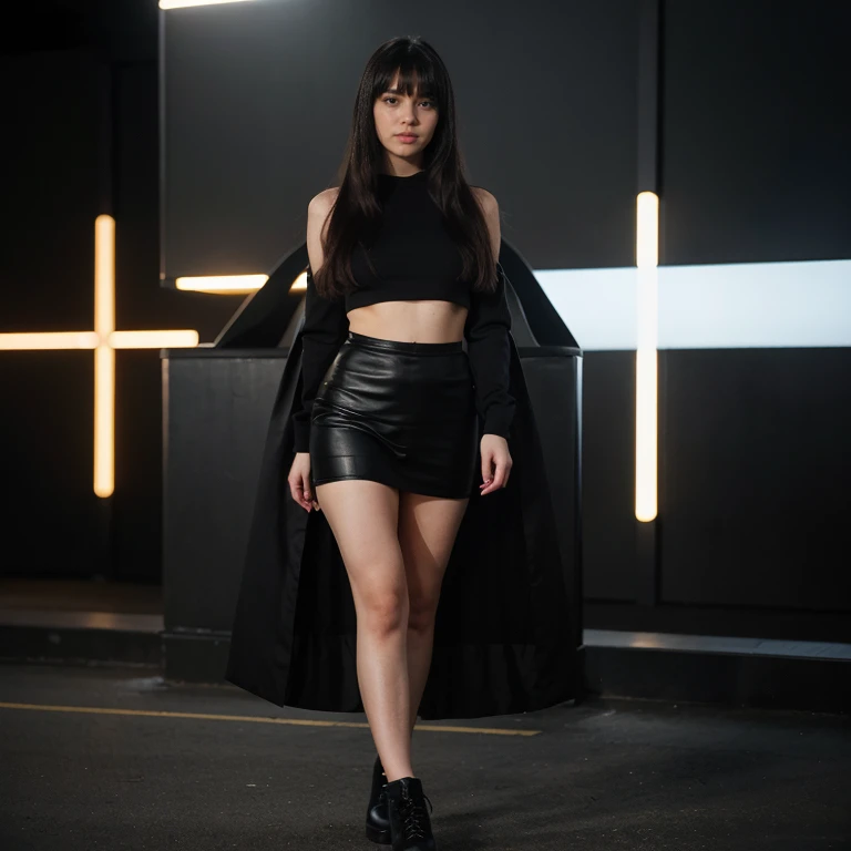 Full body photo of a pretty young 1girl, big cheeks, very long hair,  black hair, side-swept bangs, side fring hair, futuristic, high fashion, Full body , best quality, realistic, 8k,