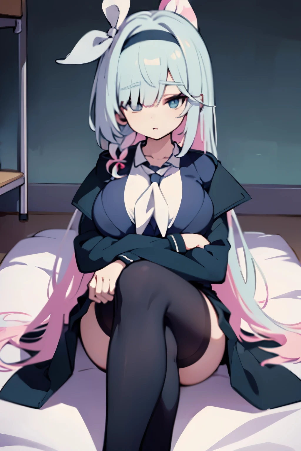, gigantic breasts, clothed, crossed legs, breast hold, school uniform, Seductive Anime Girl,