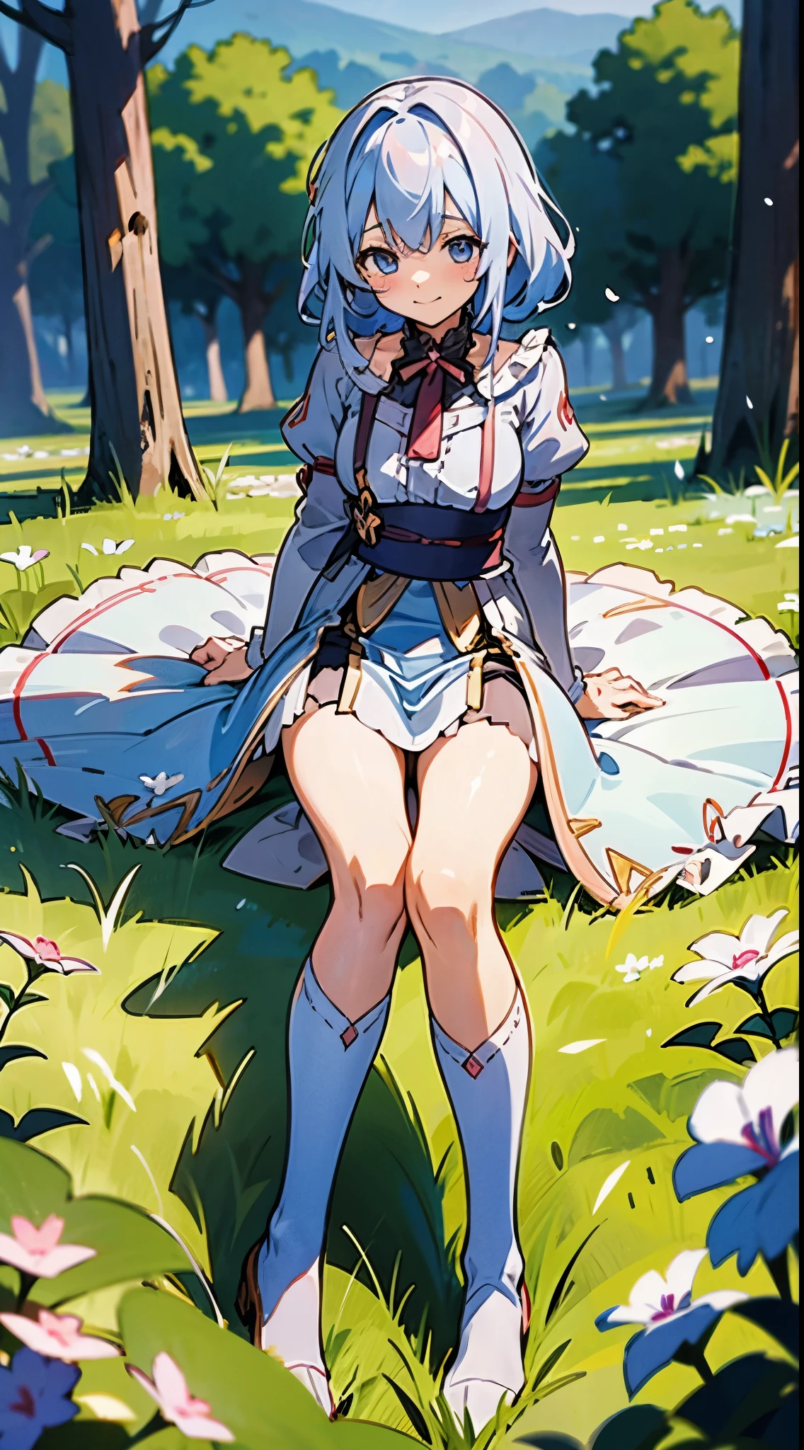 anime styled, The ultra -The high-definition, alice in the wonderland, Super cute girl, a blond, Long, shame, A shy but shy smile, Light blue fluttering short dress, frilldの付いた白いエプロンスカートを重ねる, frilld, B-cup breasts, Light blue fluttering mini skirt, The socks are long white knee-high socks that go from the toes to mid-thigh., and draw the full body, Inside an old Western-style building, absurd worldview, Bright sunshine, in woods,  Her clothes are a little disarrayed and her breasts are exposed., My clothes are a little disarrayed and my ?????? is exposed., Pee, お漏らししてPeeが股から出て太ももを伝ってチョロチョロと細く流れている, Lying on the ground, lying on the ground, Reaching out here, shiny movement