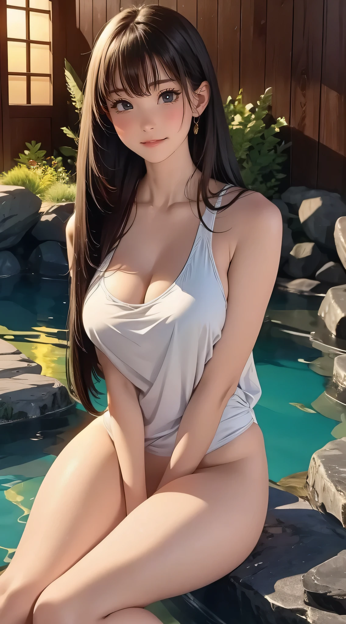 NSFW,Pornographic Images,Onsen,reclined,Sitting,Spread legs,Female masturbation,1girl in,(Ultra detailed skin),Curve,Petite,Beautiful breasts,(Large breasts),pale skin,pointed breast,Erect nipples,(Fantasy Art,Highest image quality,Hyperrealist portrait,(8K),Ultra-realistic,Best Quality, High quality, High Definition, High quality texture,high detailing,Beautiful detailed,fine detailed,extremely details CG,Detailed texture,realistic representation of face,masutepiece,presence,Dynamic,Bold),Bob Hair,(super thin hair),(ultra soft hair),(ultra straight hair:1.5),Swept long bangs,Extra bright coppery amber hair,Hair over one eye,Clothed,Baggy T-shirt,Swimsuit