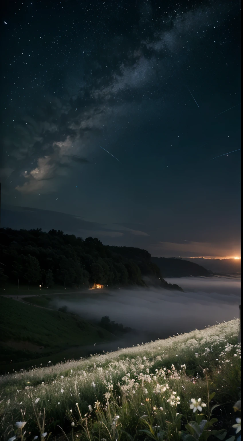 Field of white flowers at night, there are stars, fog, and fireflies.