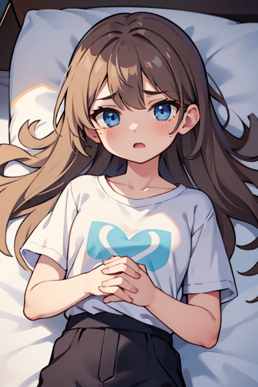 1girl, (pov), blue eyes, light brown hair, skinny, long hair, fear, scream, ((boy's hands tear a white t-shirt)), (bra under the t-shirt), ((girl hands hold wrists boy's hands)), (torn t-shirt), half body, lying on the white bed