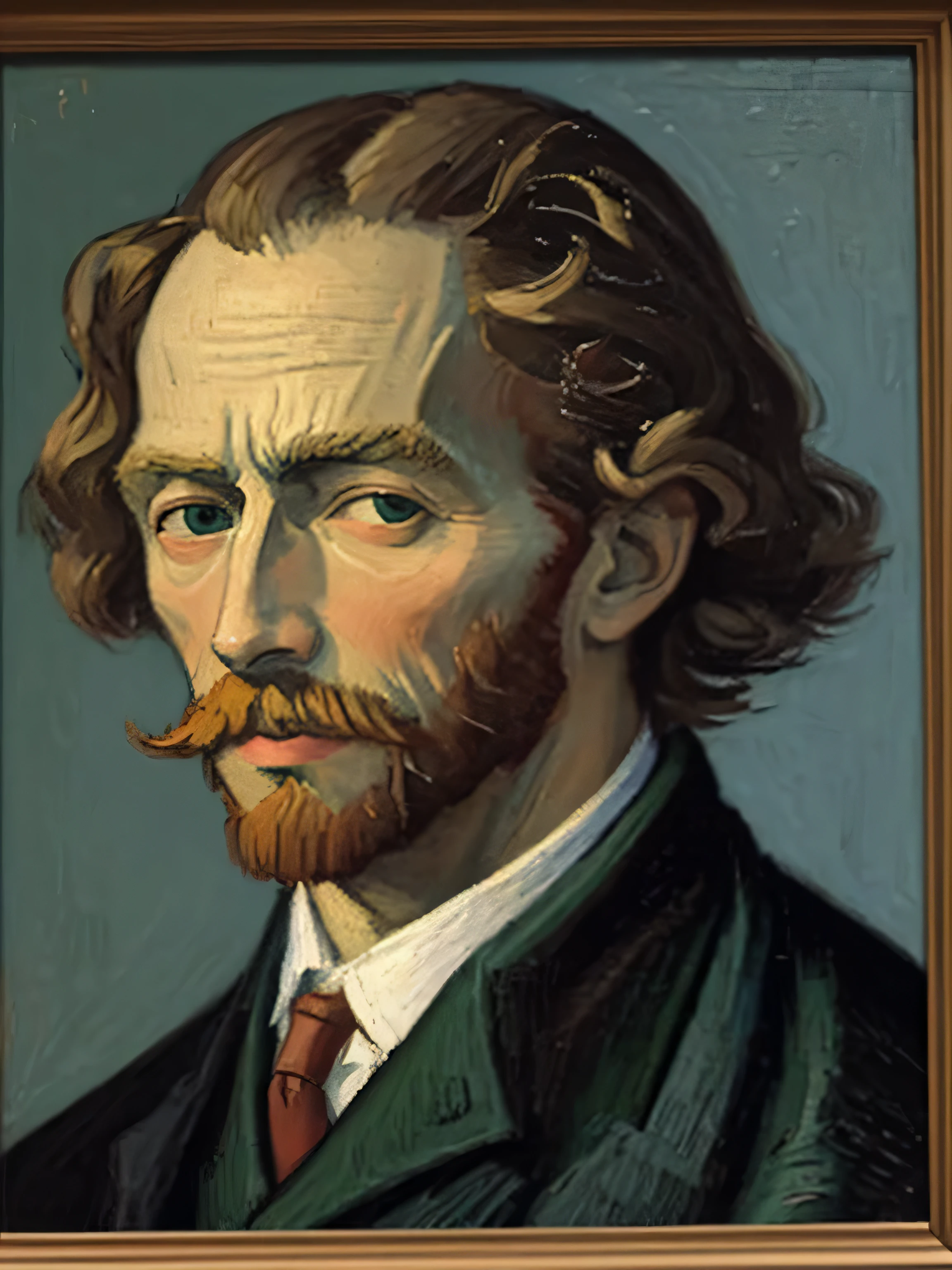 oil portrait on canvas of the painter vincent van gogh in his style and with his particular brushstroke in clothing of his time, con su pelo bigotudo y escasa barba rojiza, sus grandes entradas frontales, su mirada loca perdida y profunda, Fondo claro derecho pintado con pinceladas finas y delicadas, Obra maestra, (((fondo de fondo plano uniforme muy oscuro)))