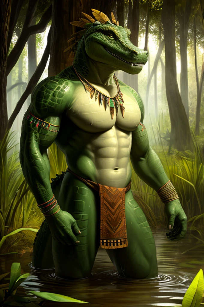 sweat drops, photography, (cool posing:1.1025), smooth skin, ultra realism shading, anthro, green, gator, photorealistic, nude, suggestive, (rembrandt:1.1025), huge pecs, tribal, warrior, biceps, (loincloth:1.05), tiny small waist, slim hunk, nsfw, in a swamp, white belly, tail