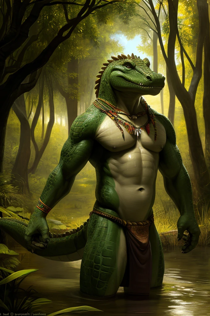 sweat drops, photography, (cool posing:1.1025), smooth skin, ultra realism shading, anthro, green, gator, photorealistic, nude, suggestive, (rembrandt:1.1025), huge pecs, tribal, warrior, biceps, (loincloth:1.05), tiny small waist, slim hunk, nsfw, in a swamp, white belly, tail