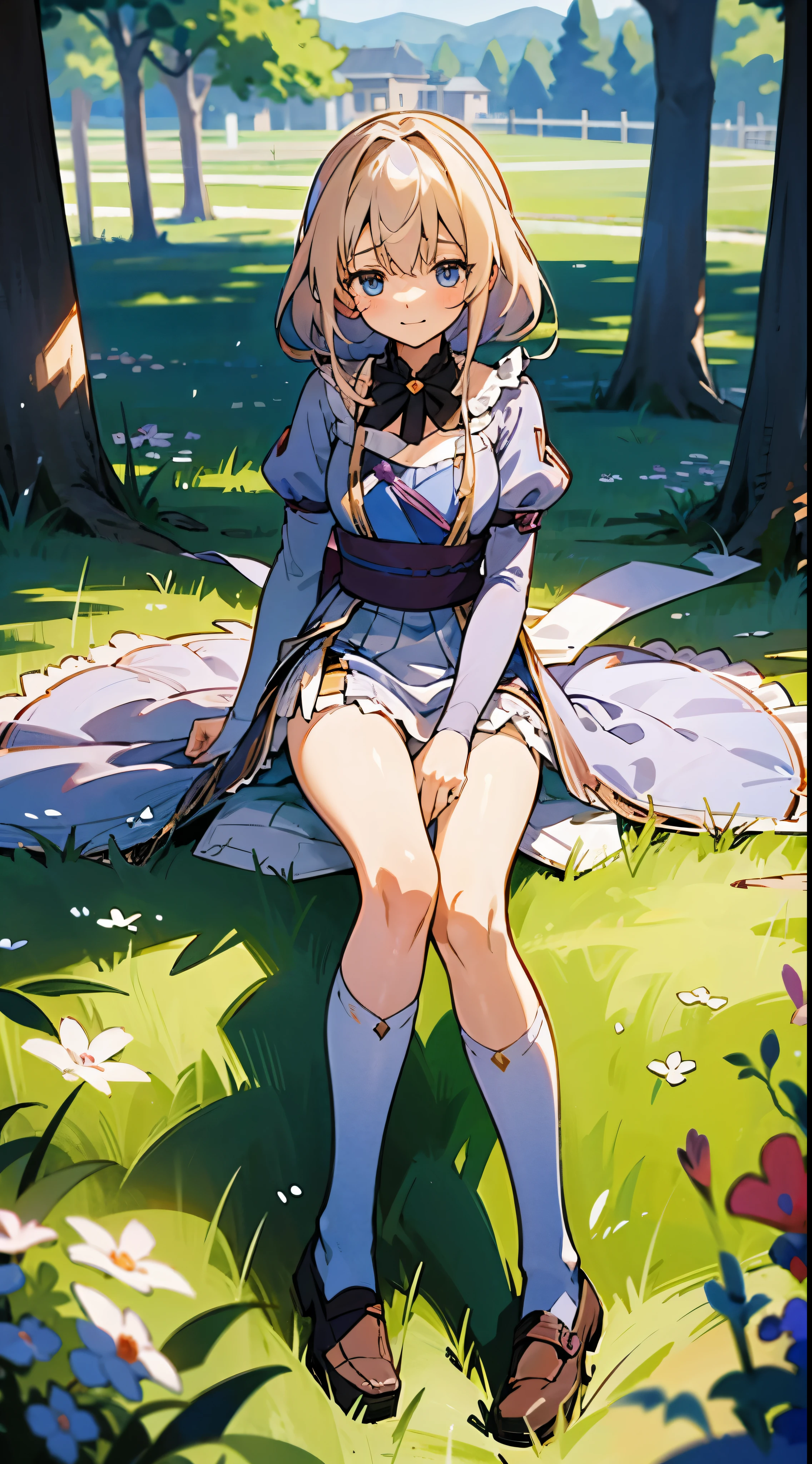 anime styled, The ultra -The high-definition, alice in the wonderland, Super cute girl, a blond, long, shame, A shy yet shy smile, light blue fluttering short dress, frilldの付いた白いエプロンスカートを重ねる, frilld, B-cup breast, Light blue fluttering mini skirt, 靴下はつま先から太ももの真ん中までのlongめの白いニーハイソックスです。., and draw the full body, Inside an old Western-style building, absurd worldview, Bright sunshine, in woods, Her clothes are a little disarrayed and her breasts are exposed.., My clothes are a little messed up and my crotch is exposed.., pee, お漏らししてpeeが股から出て太ももを伝ってチョロチョロと細く流れている, Lying on the ground, Lying on the ground, Reach out here, shiny movement