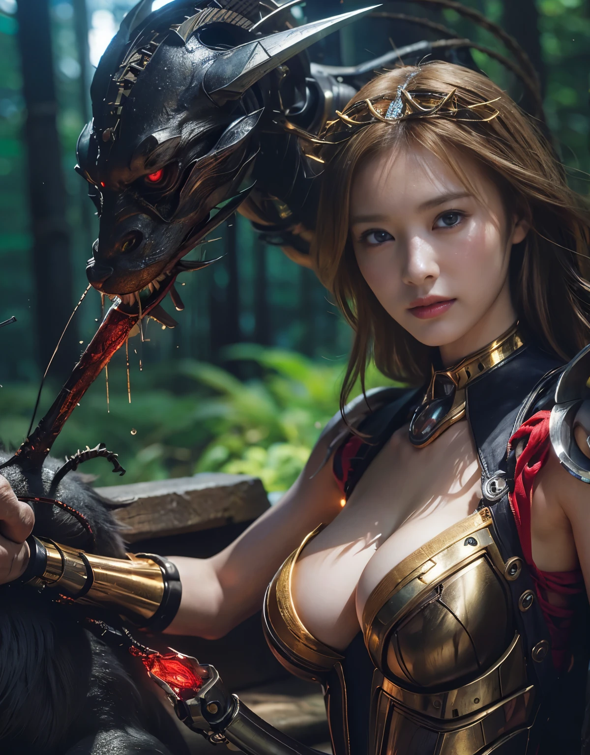 ((Fighting Demonic Beasts))、top-quality、​masterpiece、超A high resolution、(Photorealsitic:1.4)、Raw photo、女の子1人、Golden hair、glowy skin、(((1 Mechanical Girl)))、With a beautiful knife、（Blue Metal Bodysuit）、(beautiful forest background)、(Fighting Demonic Beasts)、(Small LED)、((super realistic details))、vertical giant monster background),globalillumination、Shadow、octan render、8K、ultrasharp、Colossal tits、Raw skin is exposed in cleavage、metals、Details of complex ornaments、Japan details、highly intricate detail、Realistic light、CGSoation Trends、Red Eyes、Eyes shining towards the camera、neon details、(Mechanical edge blood vessels connected to tubes)、Mechanical vertebrae attached to the back、mechanical cervical attaching to neck、(Wires and cables connecting to the head)、Gundam、Small LED、,Mechanical thighs、Toostock、（Hands are also made of machines）、（Attack of the Monster Beasts）、（Wounded in a deadly battle）、