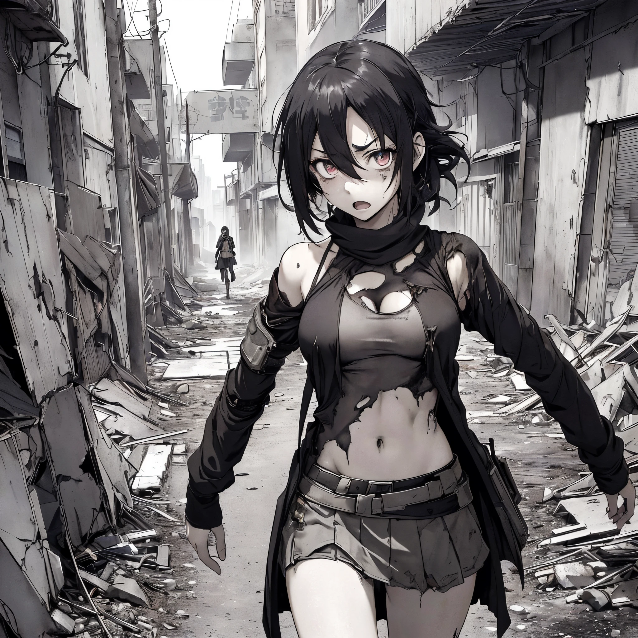 ((Shedoroga)),Detailed, Shadowvers style, tmasterpiece, beste-Qualit, 1girl, 独奏, Slim , ((Skirt over the head)), The Wandering Girl, Indoors, Hands up, body complet, (((A character from a post-apocalyptic world))), (((( The character is close to the viewer)))), ((A character from the world of the post-apocalyptic world)), (((Average Breasts))), ((Beautiful simple anime eyes)), (((The most frightened face)) ,(( Ao fundo, Surprised people), ( A vacant lot is visible), (frightened eyebrows), (Looks around slightly) ,((( ripped clothes) ))