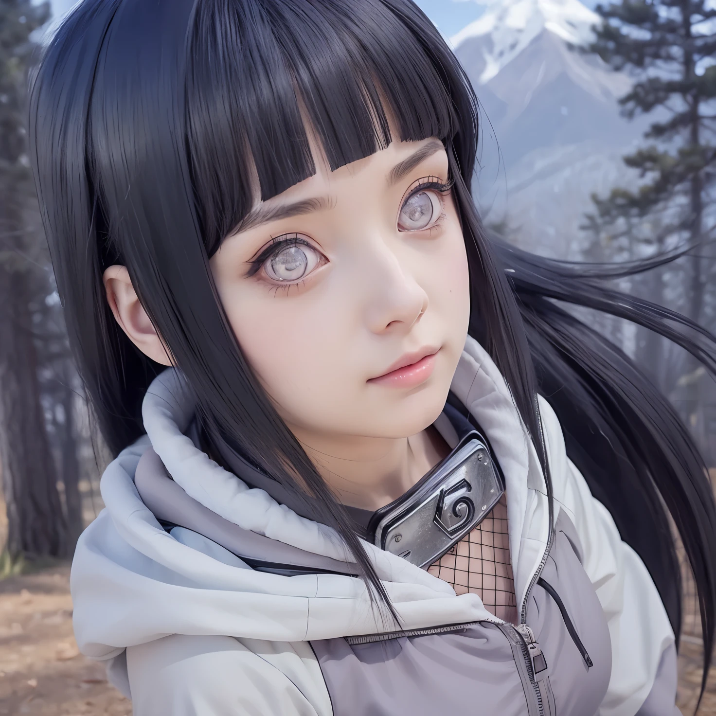 A beautiful young woman, hinata(Naruto shippuden), hinata, hyuga, white eyes, cosplay, real, realistic, high resolution, real woman, cosplay