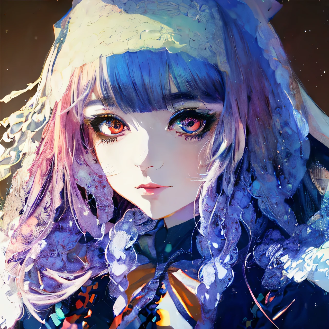 a close up of a person with a colorful hair and a tie, Anime styled digital art, stunning anime face portrait, beautiful anime style, detailed digital anime art, Beautiful anime portrait, digital anime art, kawaii realistic portrait, Anime style. 8K, Anime style portrait, detailed portrait of anime girl, realistic anime style, digital anime illustration, Anime style art suiseiseki
heterochromia, twin drills, long hair hood, white headwear, Shawl Doll joints