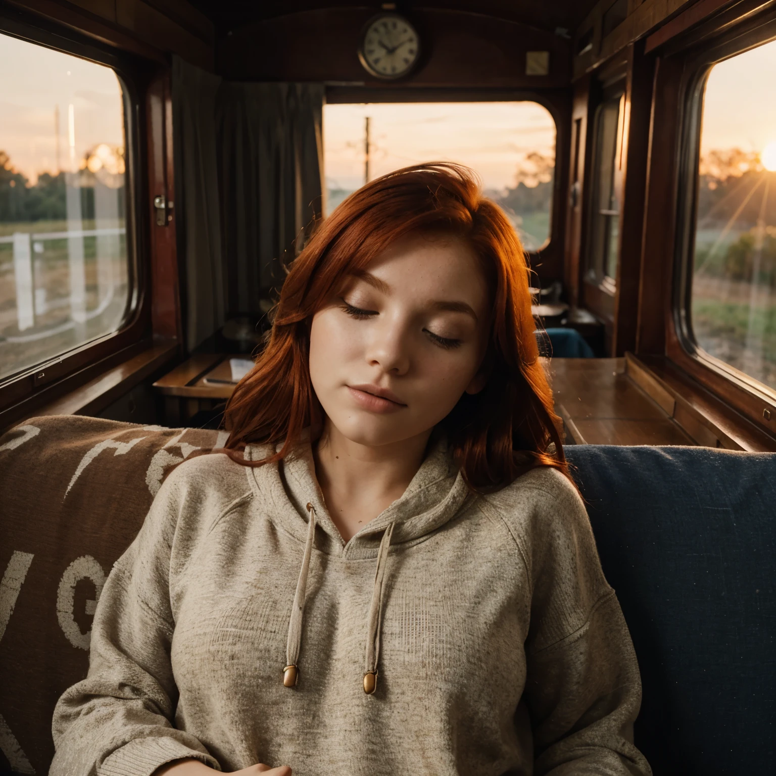 red hair girl, sleeping in antique train, perfect body, perfect face, wearing a pullover, sunrise, photoshoot