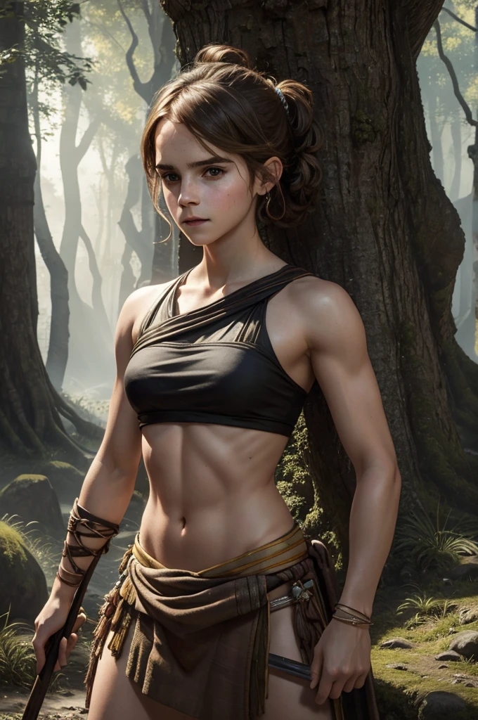 sweat drops, photography, (cool posing:1.1025), , ultra realism shading, Emma Watson, holding spear, photorealistic, (rembrandt:1.1025), tribal, warrior, biceps, (loincloth:1.05), tiny small waist, slim female, forest
