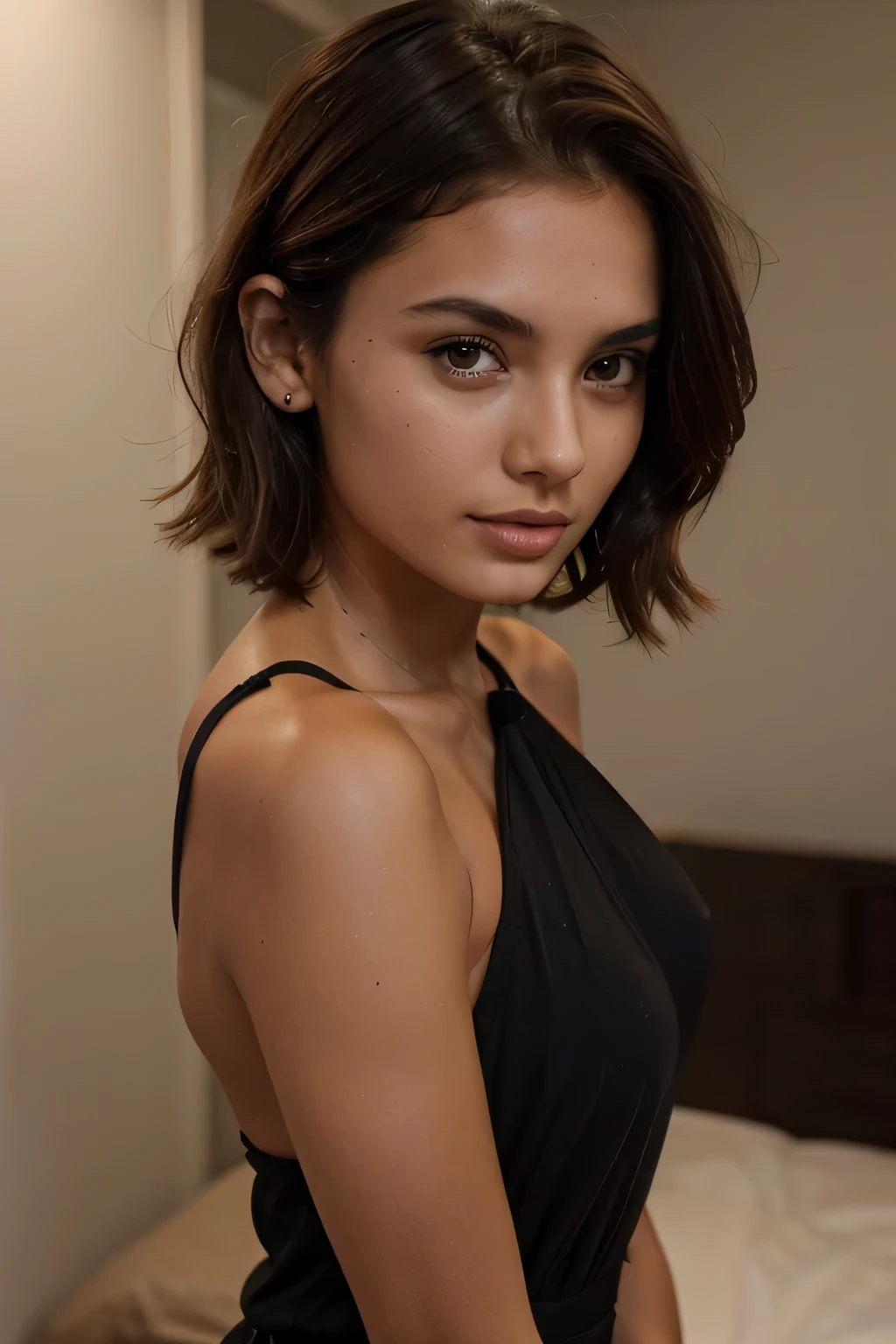 Sophia Mud, 25 Jahre alt, schlankes Model, Kizi, Nahaufnahme, Selfie, ultra realistisch, kurze braune Haare, with medium sized breasts, Kizi trägt ein schwarzes Kleid, dark tanned skin color, Photo taken from a slightly greater distance, kurze braune Haare