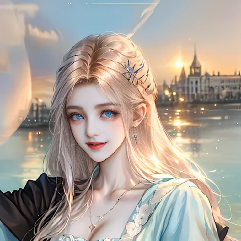 Femme angélique,177 cm de hauteur,cheveux bleu pâle,Avec accessoires sur la tête,Lâche tes mains,Souriez à vous,Tenez-vous de côté sur le sol,Derrière elle se trouve un ciel étoilé plein de voies lactées,CG de qualité chef-d’œuvre,hyper HD,Gratte-ciel,profondeur de champs,16k,Meilleure qualité,Détails élevés,texturepeau,anatomie correcte,Éclairage doux,Éclaircissement du visage,Photo du corps entier extrêmement détaillée
