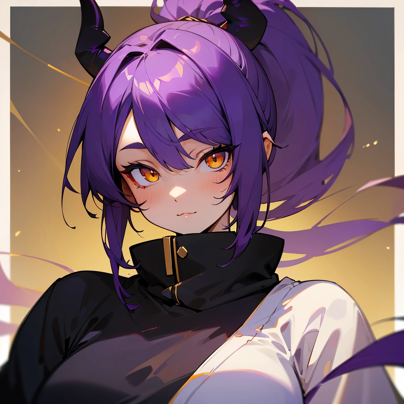 ((best quality)), ((masterpiece)), (detailed), perfect face , Demon Girl , Golden Eyes , Purple hair pulled back into a ponytail , Black Kemono , Curvy , Young girl