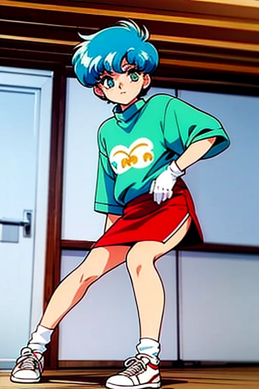 1girl, short fluffy blue hair, skinny, green eyes, green oversize sweater, retro print on sweater, red sports skirt, white socks, red sneakers, white gloves