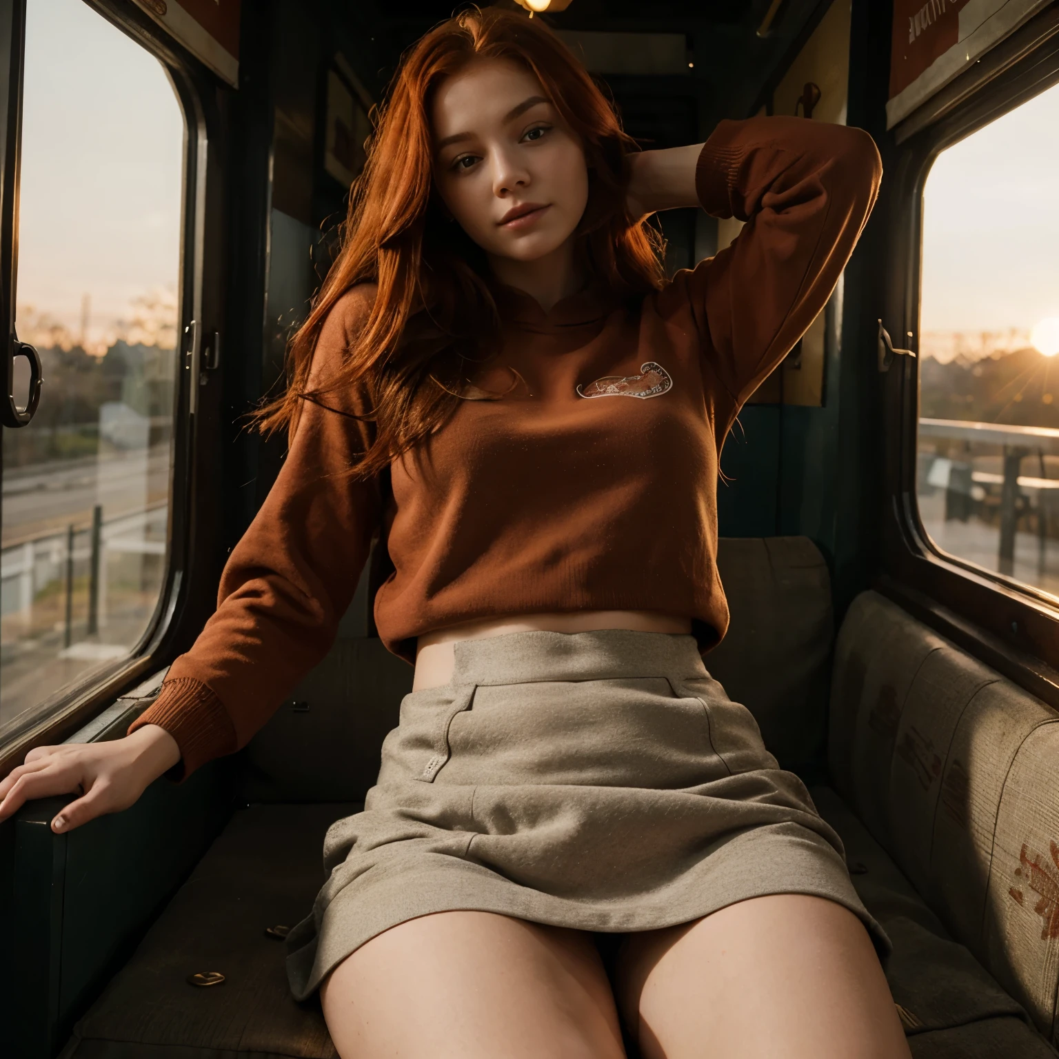 red hair girl, sleeping in antique train, perfect body, perfect face, wearing a pullover and a skirt, sunrise, photoshoot