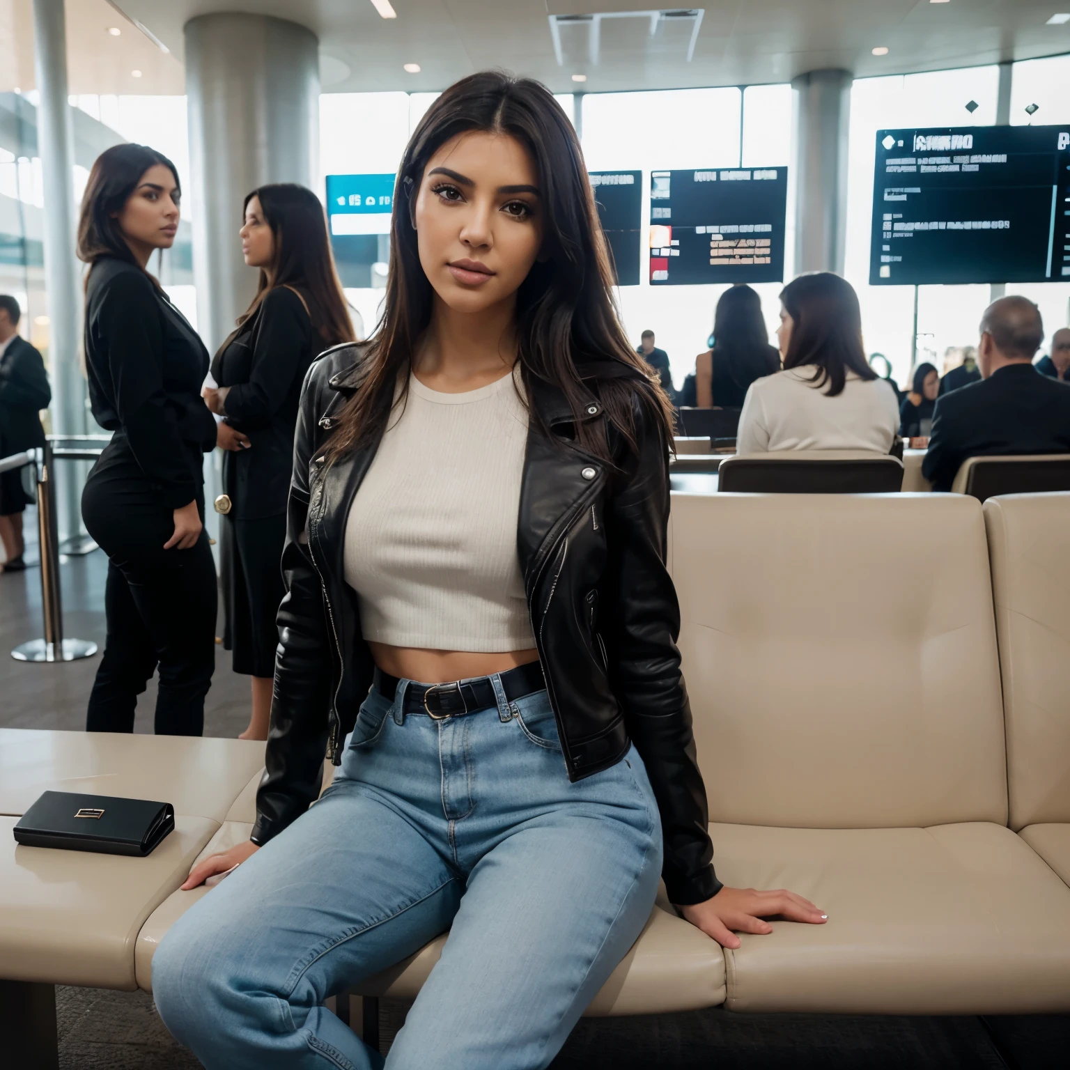 Full body shot of an attractive libanese egirl woman, kardashian face, with lightbrown skin, natural, no make up, natural imperfections, leatherjacket, black hair, waiting sitting at airport, looking away from camera, together with businesswoman taken using a Canon EOS R camera with a 50mm f/1.8 lens, f/2.2 aperture, shutter speed 1/200s, ISO 100 and natural light, Full Body, Realistic Photography, Hyperdetail, Ultrahd, Color Correction, ultrahd, hdr, color grading - no lamp no bad hands