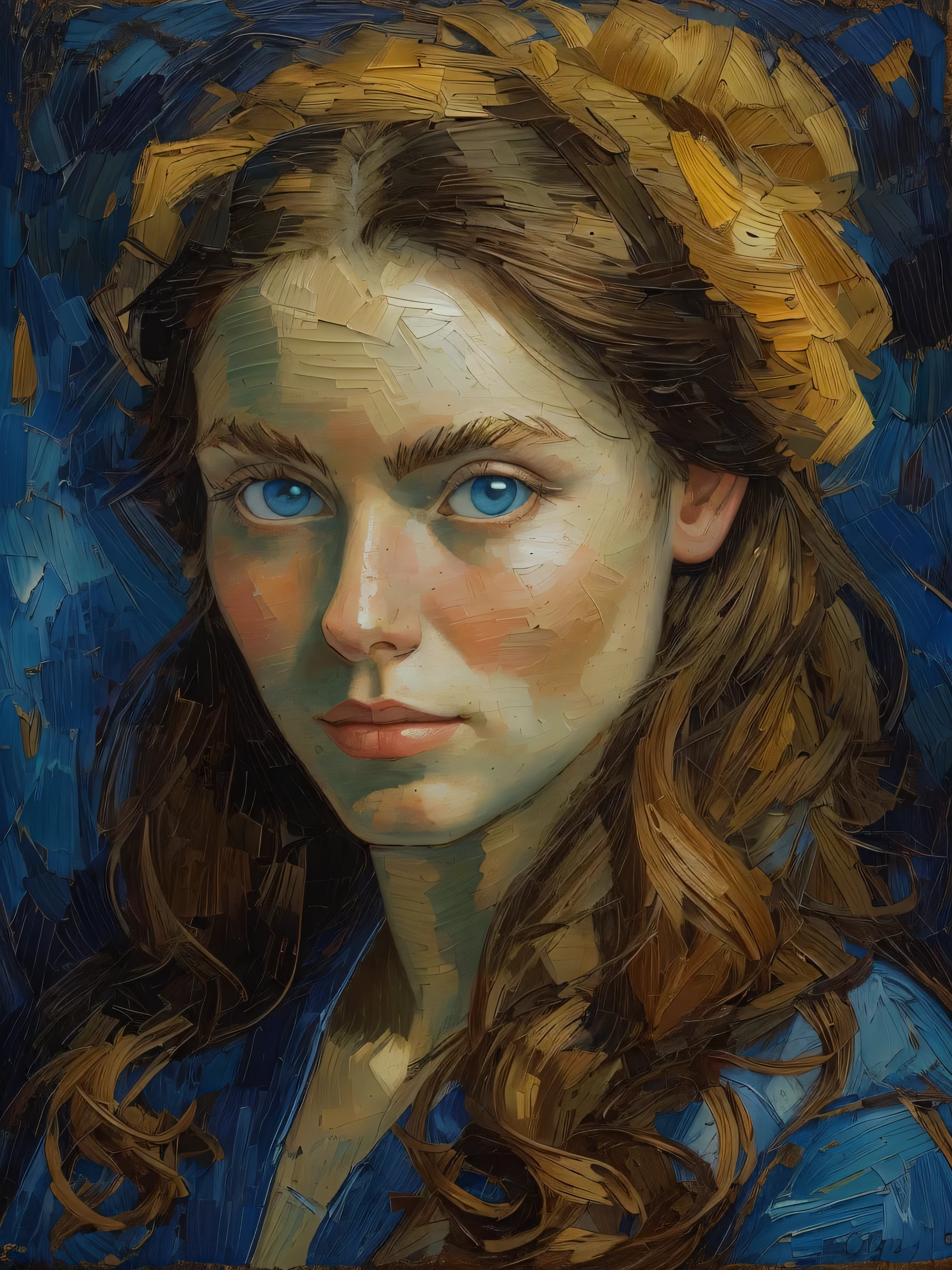 Oil on canvas portrait of a very attractive European woman with stunning blue eyes holding a pomegranate in the style of Vincent Van Gogh and with Van Gogh's signature brush, with attractive brown hair, big frontal hairlines, crazy lost and deep gaze , the light background is painted correctly. With fine and delicate brushwork, masterpiece, (((very dark uniform flat background)))