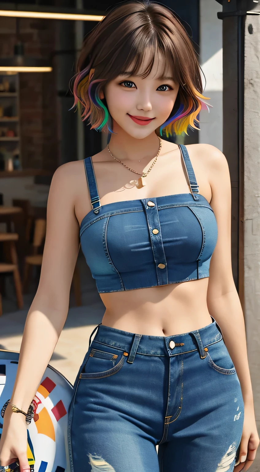 girl, single, best quality, beautiful, cute, breast-big, short-haired, masterpiece, brown-haired, smiling, multicolored tube top, torn jeans