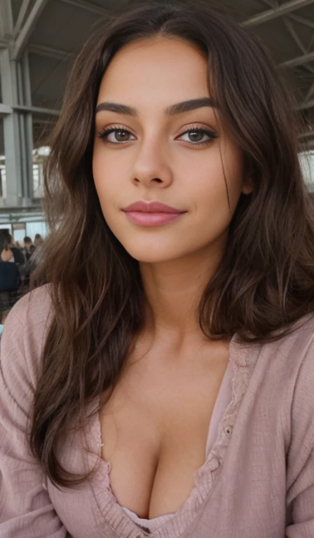 1 girl looking tired and sleepy, in distance, very pretty, 23 years old, tanned, long curly hair, pink hair, dark brown eyes, fluffy eyebrows, lips, realistic, moody, wearing warm dress, far away, in a busy airport, hyper realistic, detailed skin, realistic eyes, fluffy eyebrows. Real and natural photo. Selfie, smiling