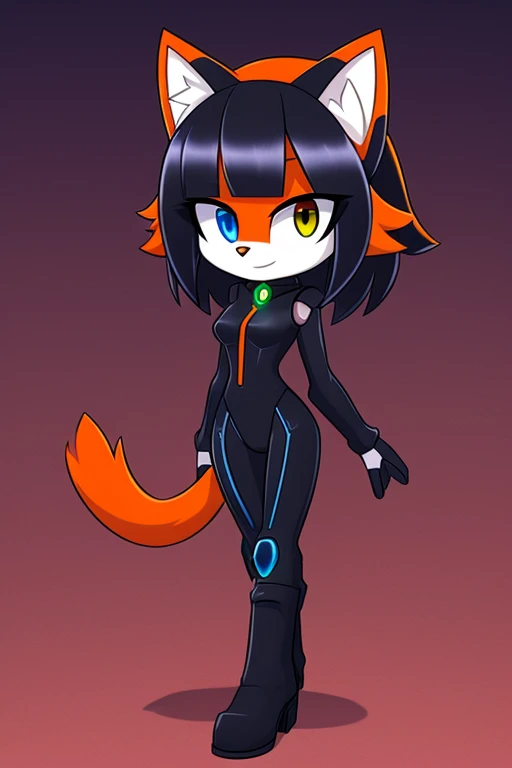 1girl, (skinny), (furry fluffy), red-orange cat, medium breast, cat tail and ears, short red-orange fluffy hair, (swept bangs), heterochromia eyes, eye1 blue, eye2 green, (black violet plugsuit), boots