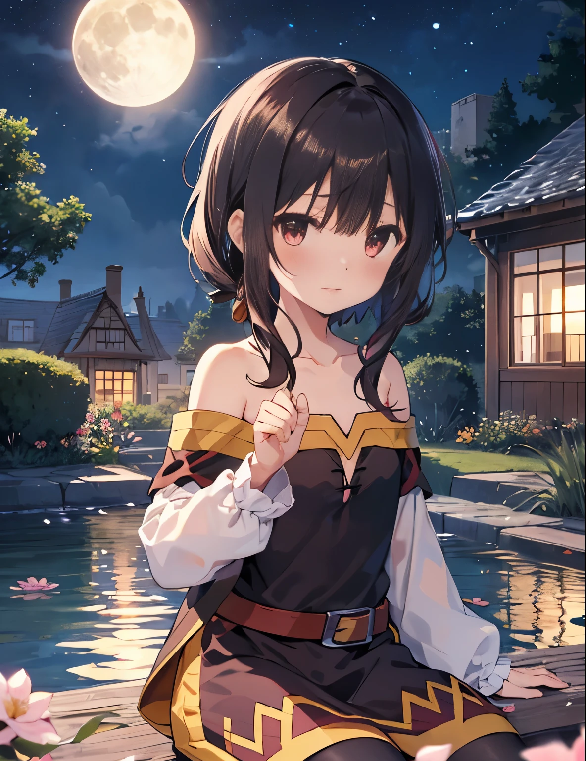 (sitting), small, (bow), (black hair), (short hair), (red eyes), stars in the eyes, hair ornament, (blush), bangs, (a menina_megumin_konosuba in[(evening dress):(((no socks))):0.4]: 1.2), (bare shoulder), collarbone, (white thighs: 1.2), ruffled sleeves, looking at the viewer,[(night: 1.2),peaceful,sky,((full moon)),stars,(in a courtyard),house,drop of water,pond, (near the pond),tree, flower request, wind: : 0.6], (light refraction lridescent), (floating pink petals: 1.2), (fairy butterfly), dreamer
