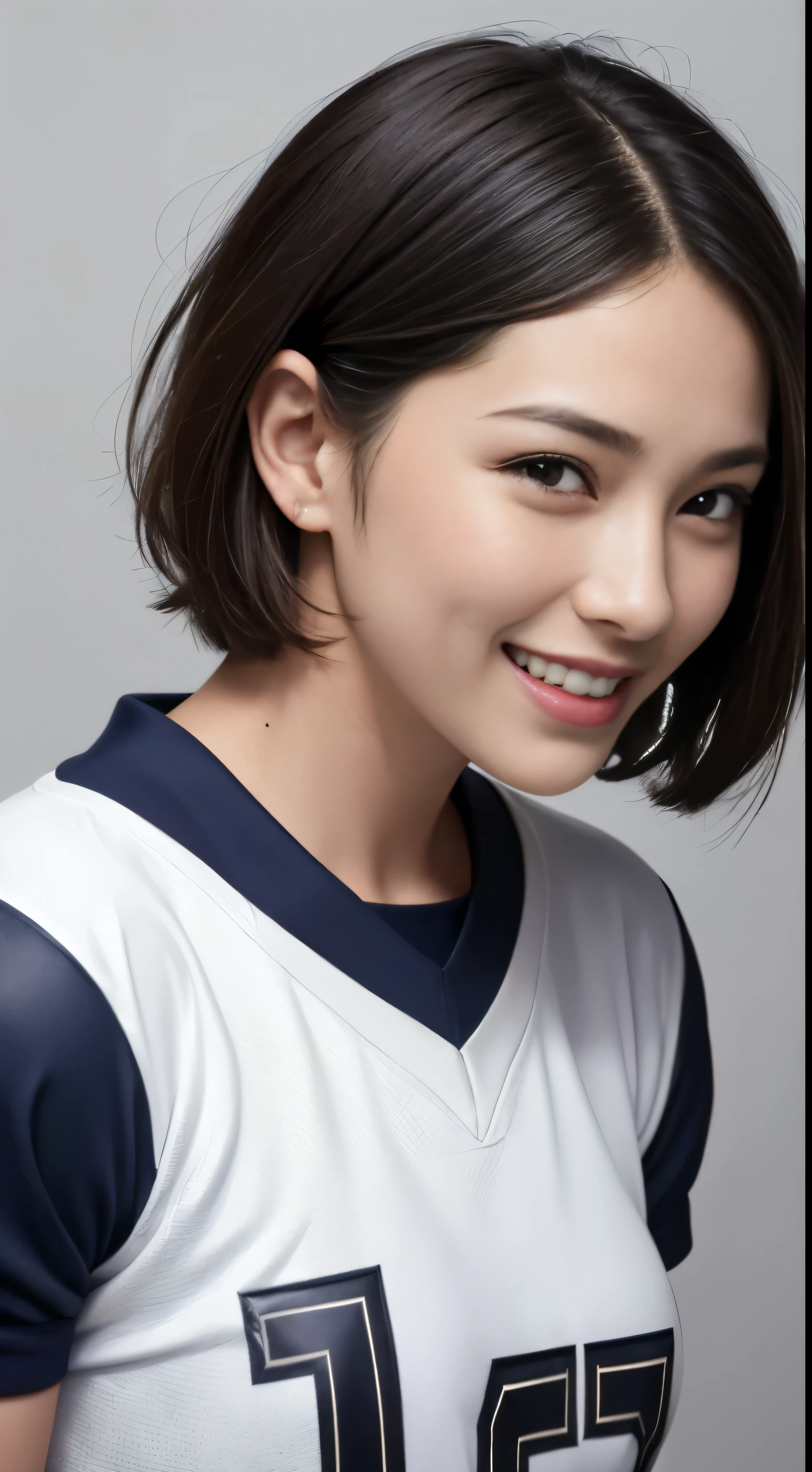 (greybackground:1.5, Close Shot:1), (Photorealistic:1.4), (Best Quality:1.0), (超A high resolution:1.0), 8K, Raw photo, (masutepiece:0.2), 1girl in, Beautiful skin, Detailed skin, Big smile, 牙, (Short hair:1), (football uniform:1.2)