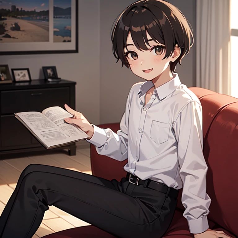 masterpiece, best quality, 1boy, solo, child, brown hair, hazel eyes, white shirt, black pants, living room, looking at viewer, smile