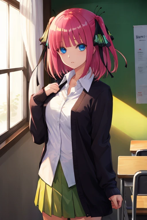 ninonakano, nino nakano, short hair, bangs, blue eyes, hair ornament, hair ribbon, pink hair, blunt bangs, two side up, butterfly hair ornament, BREAK skirt, shirt, long sleeves, white shirt, pleated skirt, open clothes, collared shirt, sleeves past wrists, dress shirt, cardigan, green skirt, open cardigan, black cardigan, BREAK indoors, classroom, BREAK looking at viewer, BREAK (masterpiece:1.2), best quality, high resolution, unity 8k wallpaper, (illustration:0.8), (beautiful detailed eyes:1.6), extremely detailed face, perfect lighting, extremely detailed CG, (perfect hands, perfect anatomy),