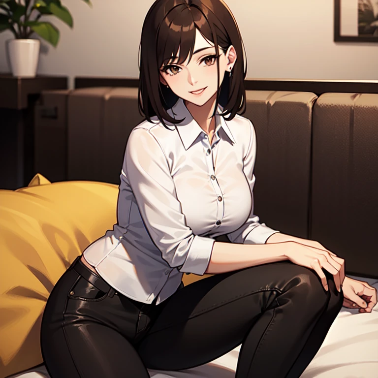masterpiece, best quality, 1boy, solo, child, brown hair, hazel eyes, white shirt, collared shirt, black pants, living room, looking at viewer, smile