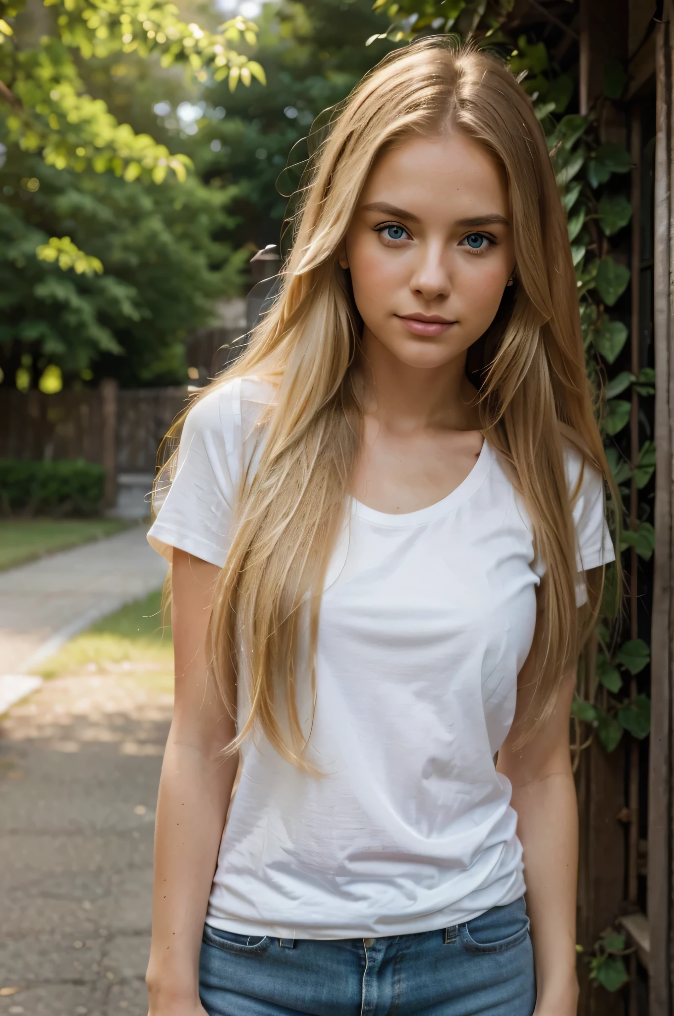 A photorealistic portrait of a 25-year-old American girl with long, flowing blonde hair and striking blue eyes wearing a white t-shirt. She should have a natural, approachable expression and be illuminated by soft, golden-hour sunlight. The background is a scenic outdoor setting. Capture this image with a high-resolution photograph using an 85mm lens for a flattering perspective.