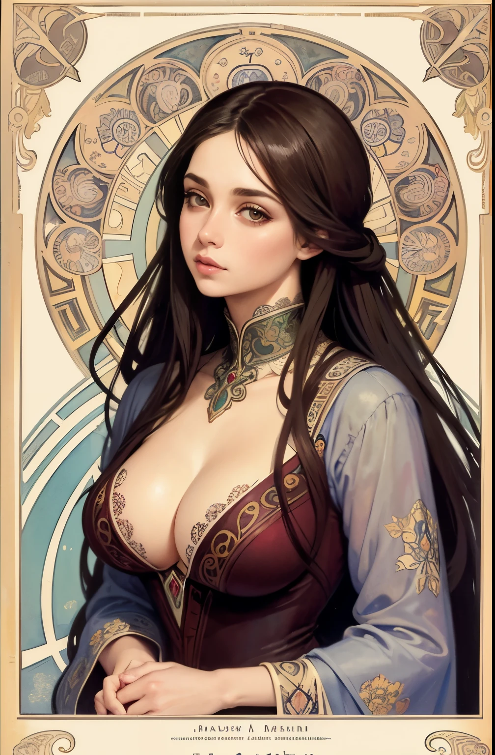 ((masterpiece)), (best quality), (cinematic), art nouveau style watercolor painting , Brazilian goddess, large breasts, big eyes, long thick eyelashes, cleavage, full lips, dark red eyes, long thick hair, high ponytail, accessories, flower_background, featuring intricate designs and patterns in the style of Alphonse Mucha.