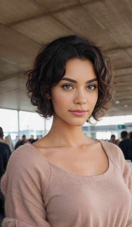 1 girl looking tired and sleepy, in distance, very pretty, 23 years old, tanned, very short curly hair, pink hair, dark brown eyes, fluffy eyebrows, lips, realistic, moody, wearing warm dress,  far away, in a busy airport, hyper realistic, detailed skin, realistic eyes, fluffy eyebrows. Real and natural photo. Selfie, smiling, spotted face,