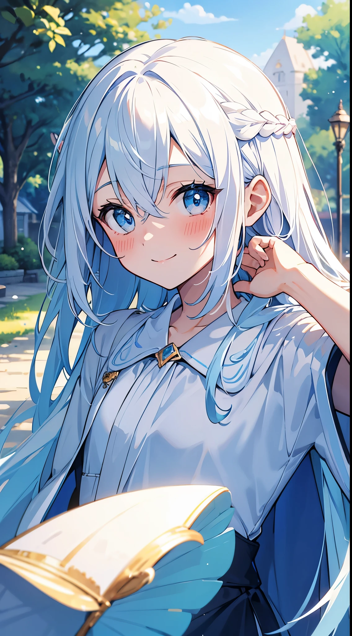 [[[ ultra-detailed, best quality, soft skin, beautiful]]], portrait, cerulean eyes, white hair, undine, regular robes, village background, smiling, blushing, fit body