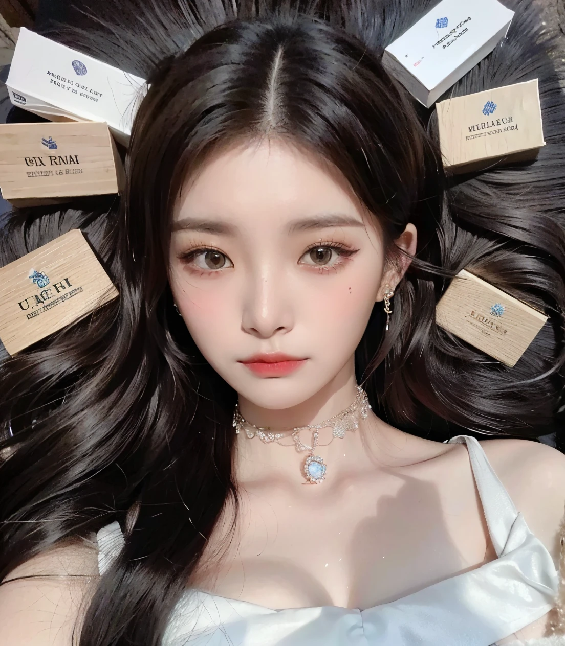 un primer plano de una mujer recostada sobre una alfombra de piel con cajas de perfume, maquillaje popular de Corea del Sur, maquillaje coreano popular, ulzzang, dilraba dilmurat, Wan adorable cara coreana, Xision Wu, Yanjun Chengt, Hermosa modelo china, Hermosa joven coreana, Chica coreana, Hermosa mujer surcoreana, Jinyoung Shin, Sha Xi