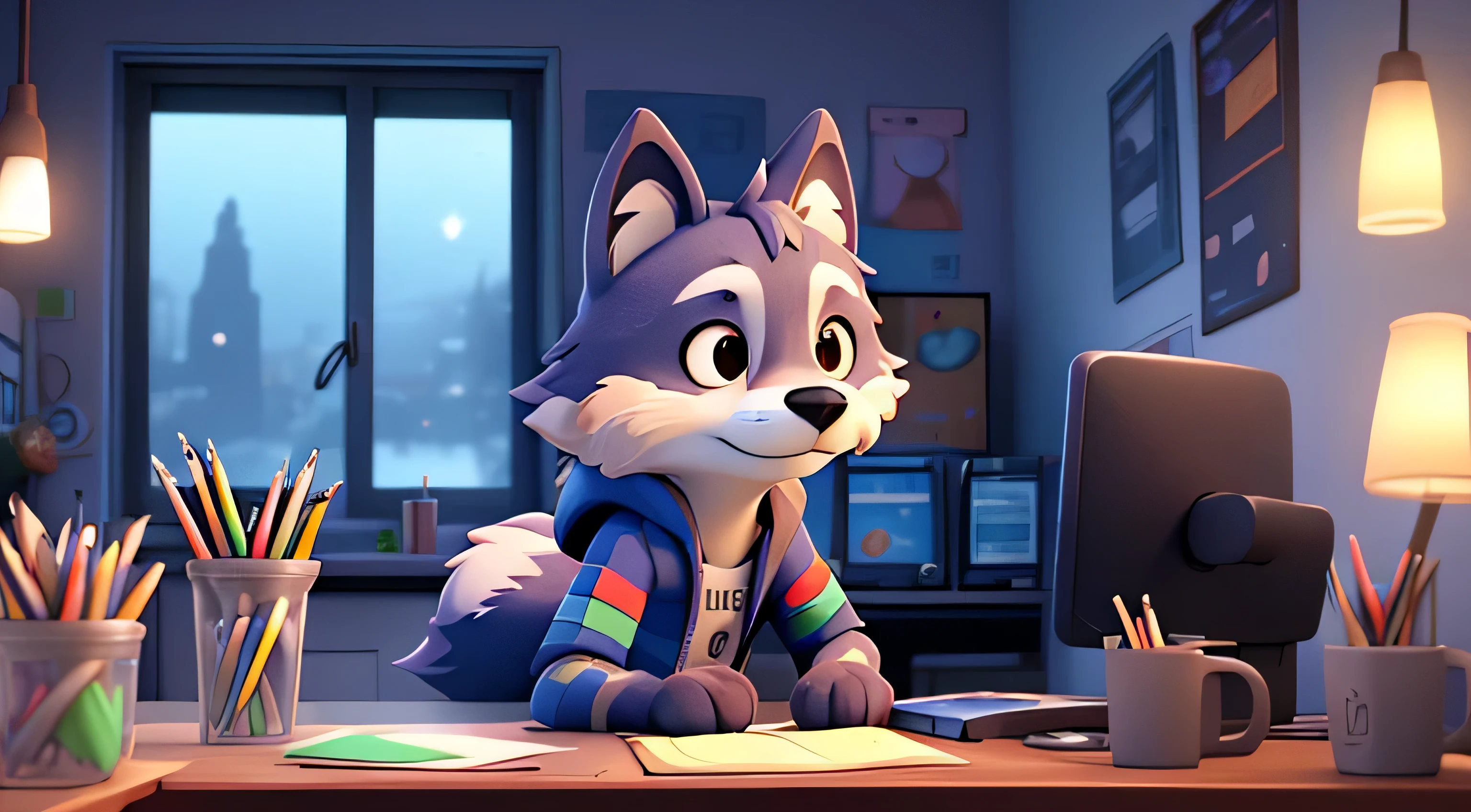 sentado fazendo desenhos numa mesa, folhas espalhadas sobre a mesa, mug full of pens and pencils on the table next to the lobo boy, Front view, parte superior do corpo, estante cheia de livros ao fundo, blue hat, FurryCore, lobo, orelhas de animais, pelo do corpo, 1st grade, sozinho, cabelos pretos, *//*, olho castanho, *//*, Olhando para o Viewer, sorrir, lobo boy, (((androgynous))), adulto jovem, (((Noite, Luzes RGB, Cores quentes, ZERO))), ((sala com computadores)), luzes da tela, corpo tonificado, Gargantilha, hood and jeans, Roupas de moleque, ZERO 8bits, furry anthropomorphic lobo, furry lobo nose,