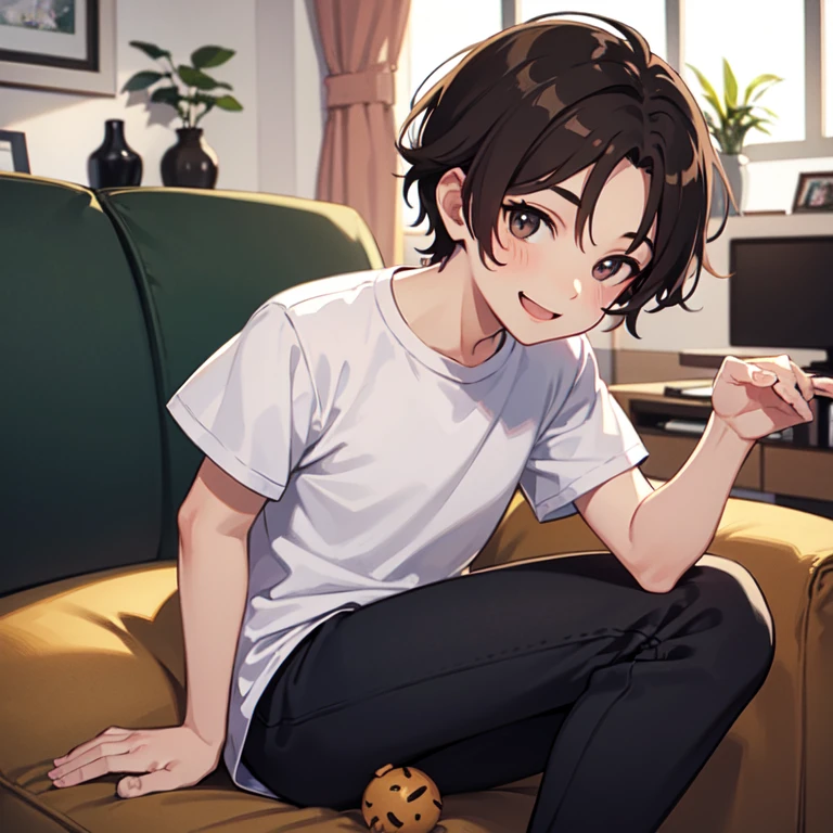 masterpiece, best quality, 1boy, solo, child, brown hair, hazel eyes, white t-shirt, black pants, sweats, living room, looking at viewer, smile