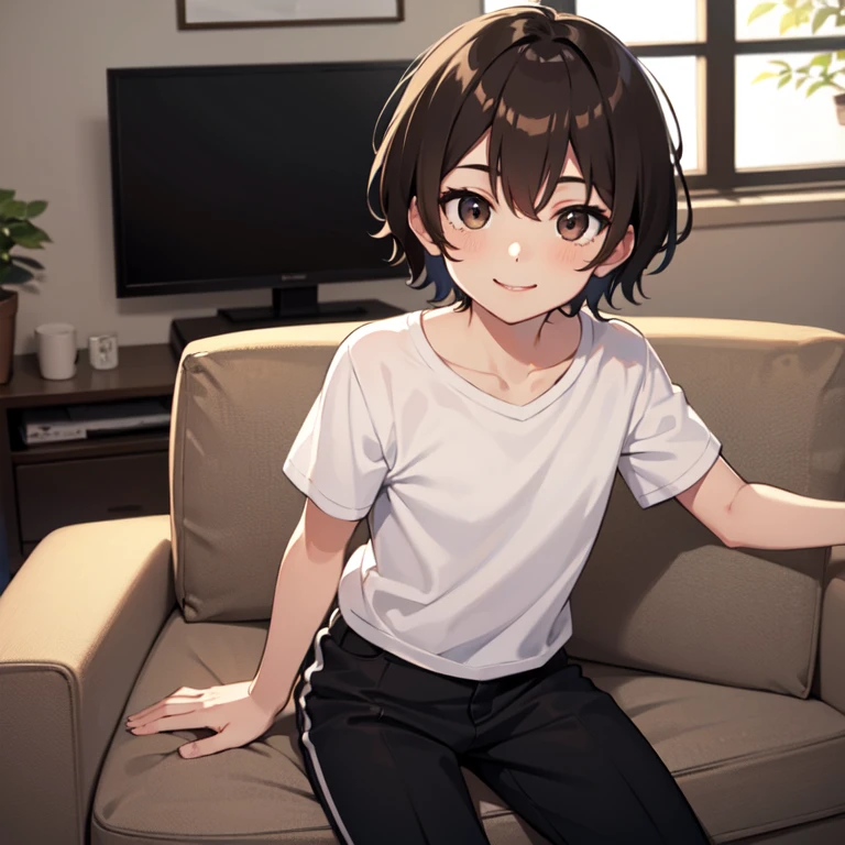 masterpiece, best quality, 1boy, solo, child, brown hair, hazel eyes, white t-shirt, black pants, sweats, living room, looking at viewer, smile