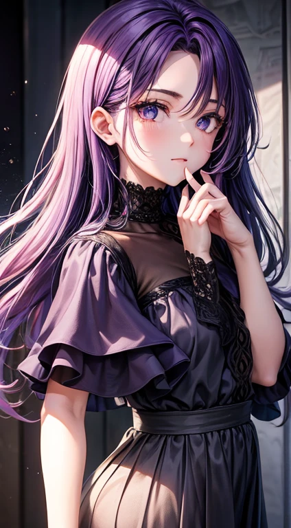 with your hand on your face, de olhos roxo, roupa preta