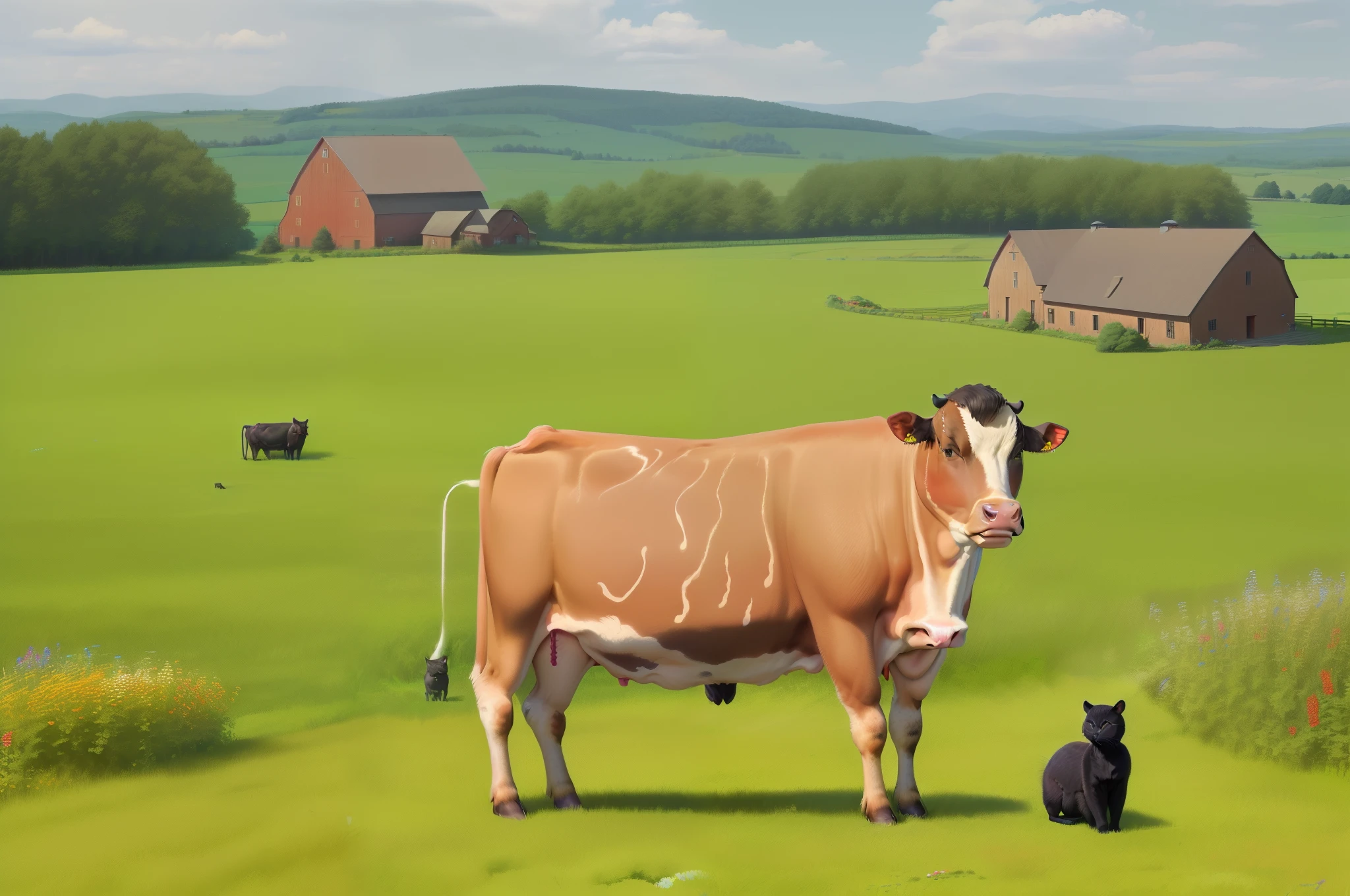 (8k, RAW photo, best quality, masterpiece:1.2), (a tan cow grazes:1.3), (nearby a black cat dozes in the sun:1.3)(in the background a traditional red barn, farm house and fields of grass and wildflowers), (idyllic)