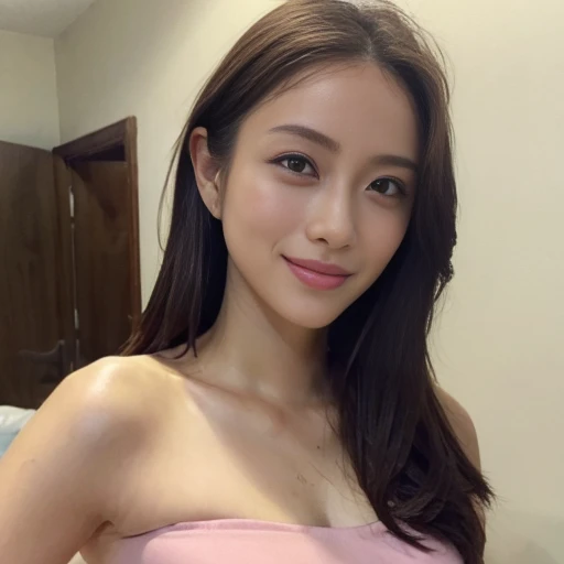 ((Top Quality, 8K, Masterpiece: 1.3)), 1 Girl, Slim, light Brown Hair, (Casual, Big: 1.2), naked, Ultra Slender Face, Delicate Eyes, Double Eyelids, seductive attractive big Smile, Wet, Bed, beautiful pink nipples, beautiful small areola, seductive facial expressions , open mouth, bust up shot, hot, sweaty, ecstatic face, gel-nails, slim