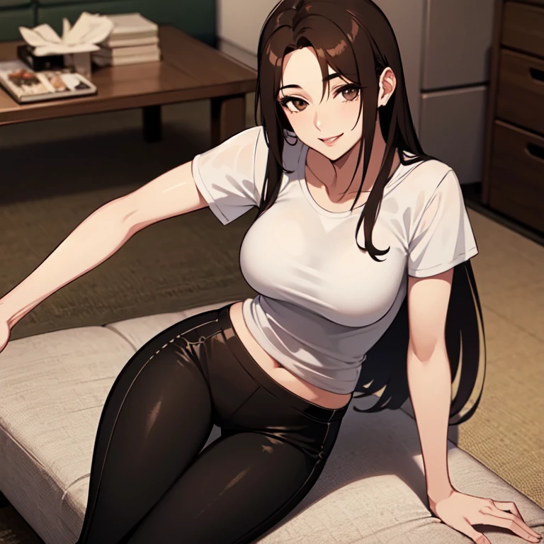 masterpiece, best quality, 1boy, solo, child, brown hair, hazel eyes, white t-shirt, black pants, sweats, undersized clothes, living room, looking at viewer, smile